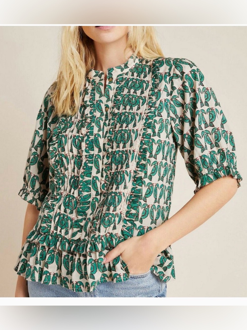 Anthropologie Maeve Bird Print Pintuck Ruffle Peplum Blouse Size 4P Petite